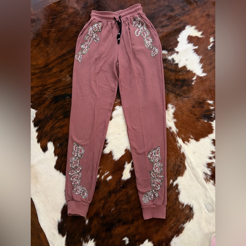 RELIGION Trance Sequin Mauve Sweatpants Beaded embellished jogger high rise